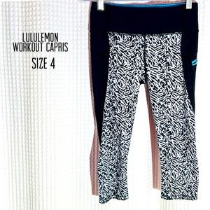 Lululemon women run top speed capris pant black white blue zip pocket crop Sz 4